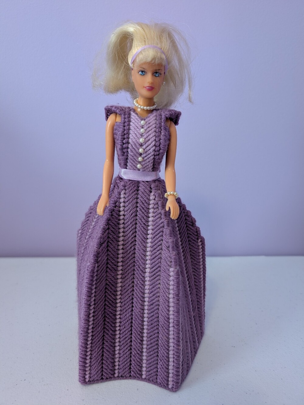 Vintage Toilet Paper Holder Lovely Patsy Doll Purple Stitching On Plastic Canvas